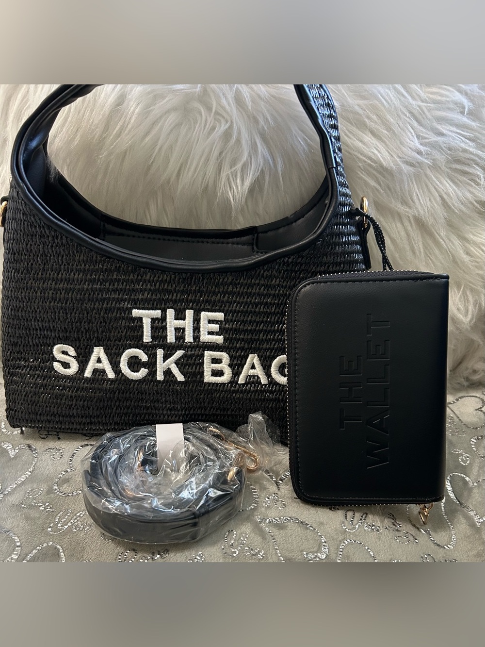 NWT Classic Fashion Collection Mini Black 'The Sack' Woven Shoulder Bag & Wallet